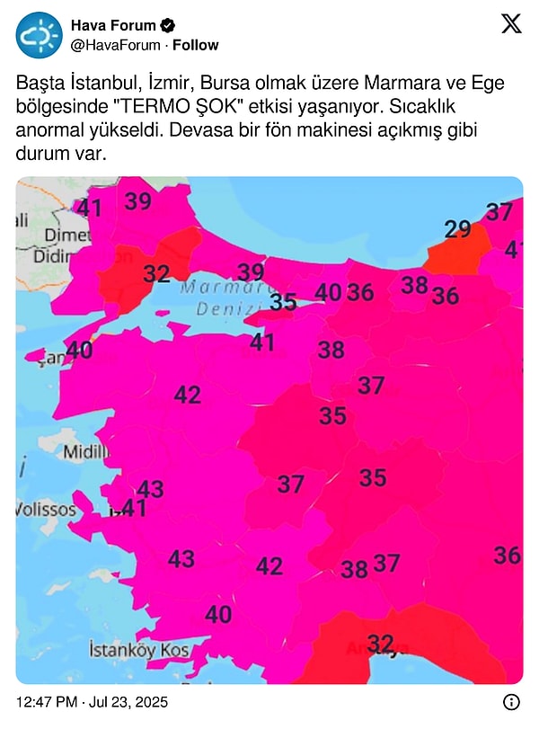 Hava Forum'un X hesabından yapılan paylaşımda ise Marmara ve Ege'de "Termo Şok" etkisi yaşandığı belirtildi.