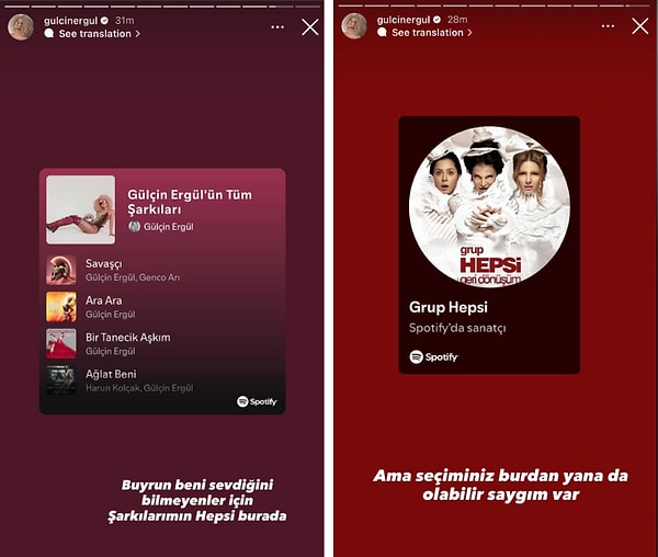 Hızını alamayan Gülçin "Buyrun beni sevdiğini bilmeyenler için şarkılarımın hepsi burada" diyerek kendi şarkılarını paylaştı.