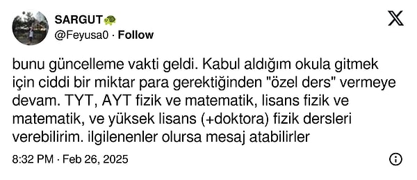 Sargut'un kabul aldığı okula gitmek için para biriktirdiği ve bunun için özel ders verdiği ortaya çıktı.