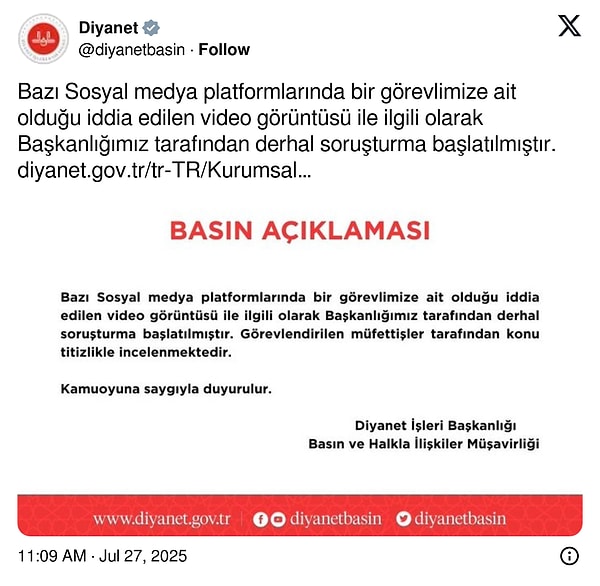 Diyanet İşleri Başkanlığı gündem olan görüntüler sonrasında açıklama yaptı. 👇