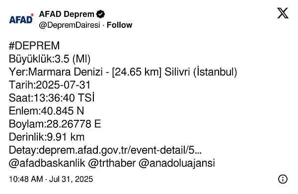 AFAD depremin büyüklüğünü açıkladı👇🏻