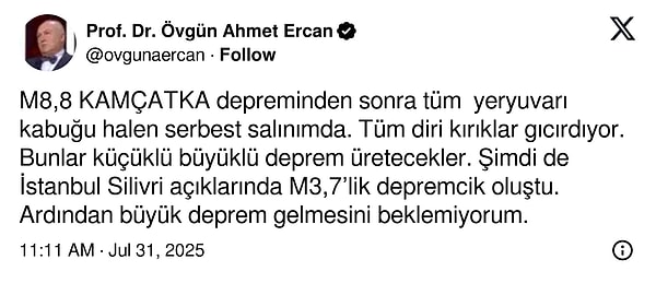 Silivri açıklarındaki depremin ardından Ahmet Ercan'dan açıklama.