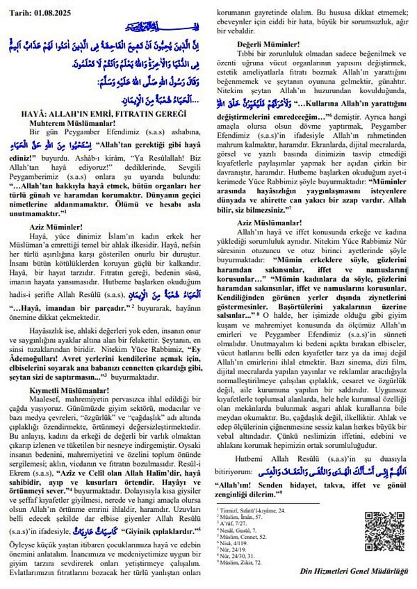 Diyanet’in Cuma Hutbesi’nde gündem kıyafet şekilleri oldu.