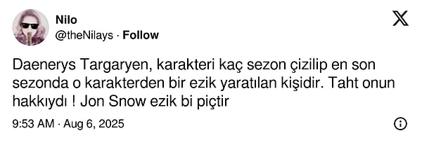 Daenerys için söylediklerine katılıyorum ben maalesef. Güçlü bir kadın figürün sonunda aşka yenik düşürülmesi pek hoş olmadı.
