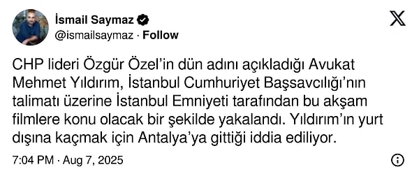 Gazeteci İsmail Saymaz'ın paylaşımı 👇