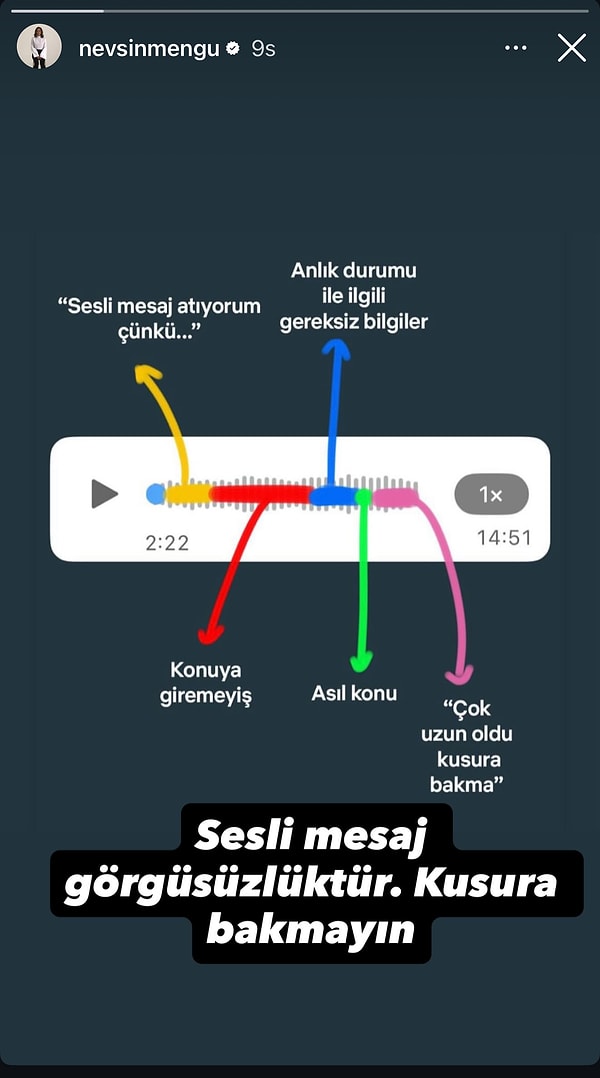 Mengü bu görsele “Sesli mesaj görgüsüzlüktür. Kusura bakmayın” notunu ekleyerek, uzun ve plansız sesli mesaj gönderenlere sitemini dile getirdi.