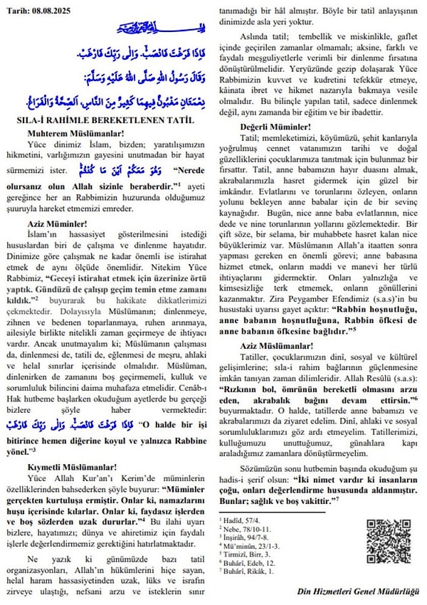 Hutbenin ilgili kısmı şöyle;