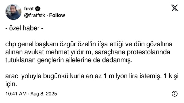 Saraçhane protestolarında tutuklanan gençlerin ailesinden 1 milyon TL istemiş.