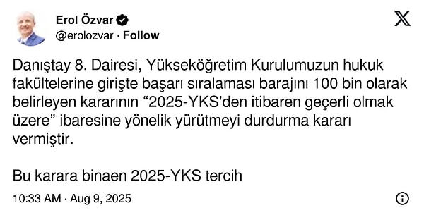 YÖK Başkanı Erol Özvar'ın paylaşımı şöyle:
