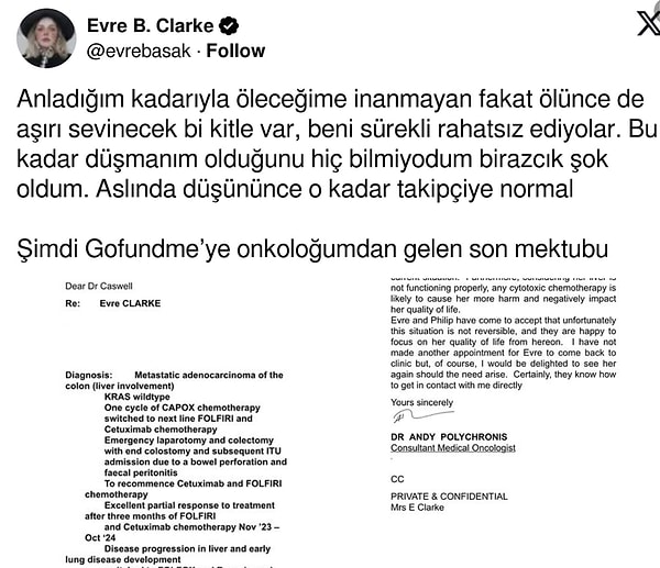Bu duruma inanmayanlar için de onkoloğunun raporunu paylaştı.