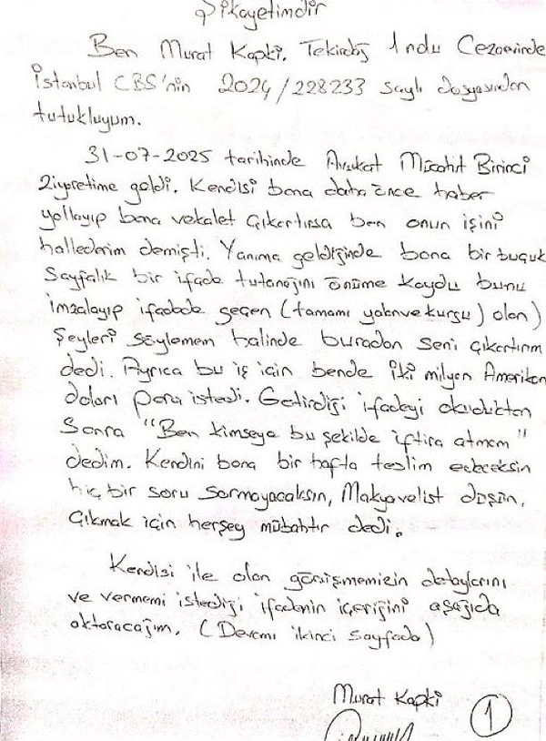 Özgür Özel'in paylaştığı Murat Kapki'nin el yazısı ile yaptığı suç duyurusu.