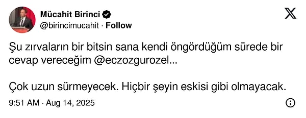 Özgür Özel'in iddialarında adı geçen Mücahit Birinci'nin paylaşımı 👇
