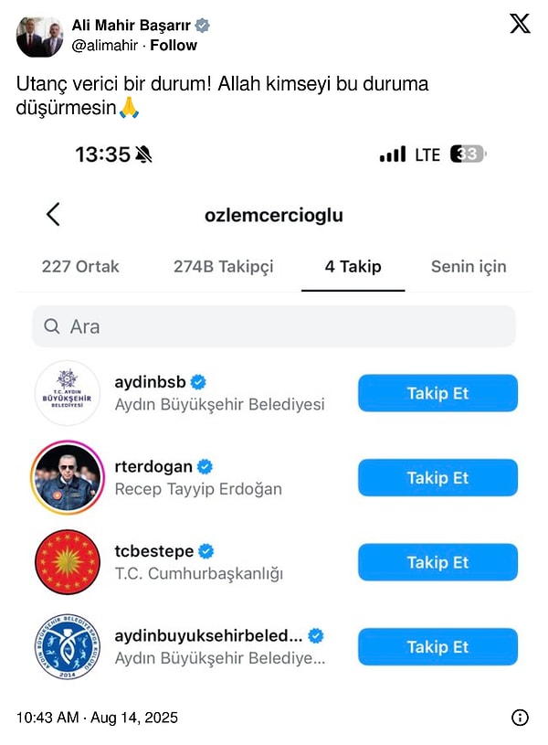 Özlem Çerçioğlu, CHP'li hesapları takibi bıraktı, Cumhurbaşkanı Erdoğan'ı takip etmeye başladı.