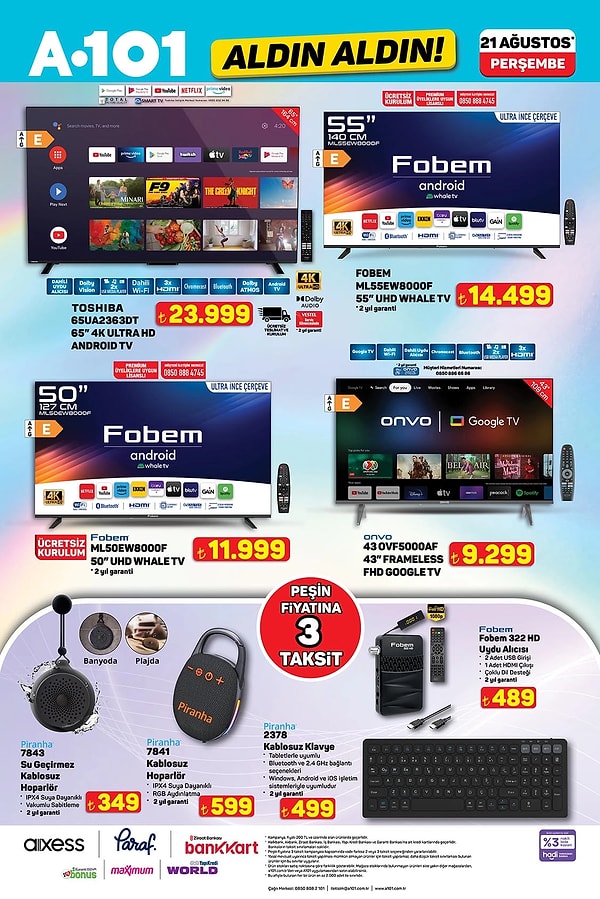 Toshiba 65'' 4K Ultra HD Android TV 23.999 TL