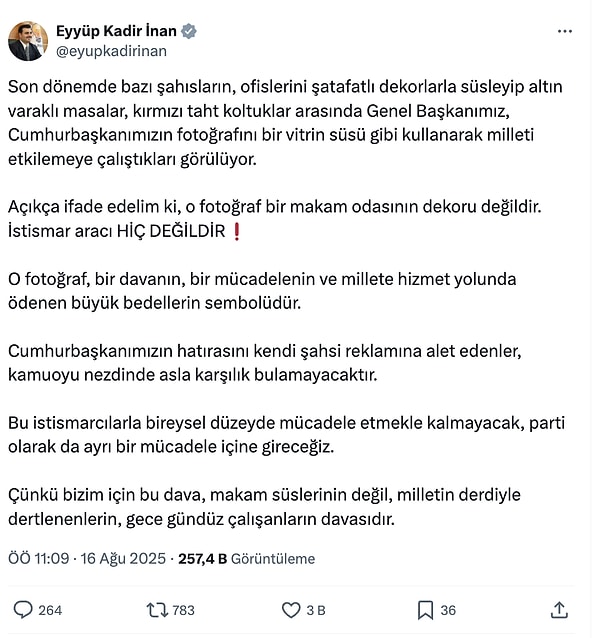 AKP Genel Sekreteri ve İzmir Milletvekili Eyyüp Kadir İnan "istismar" diyerek söz konusu paylaşımlarla ilgili uyarılarda bulunmuştu.