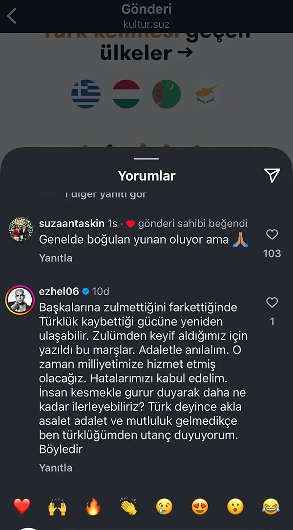 Kültürsüz adlı Instagram hesabının 'Milli marşında Türk kelimesi geçen ülkeler' derleme postuna yorum yapan Ezhel, yaptığı yorumla dikkat çekmişti.