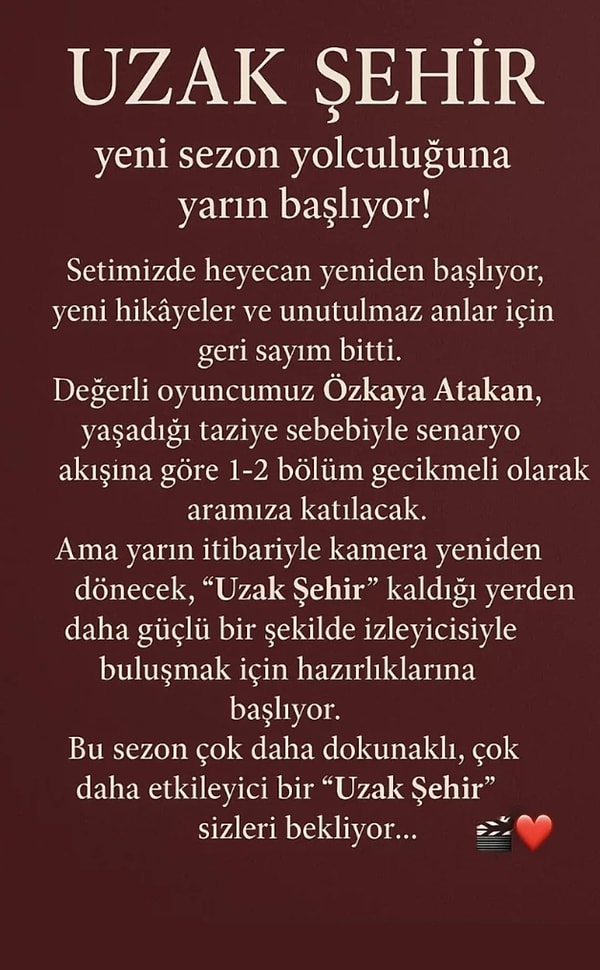 Şimdiyse Uzak Şehir ekibinden duyuru geldi.