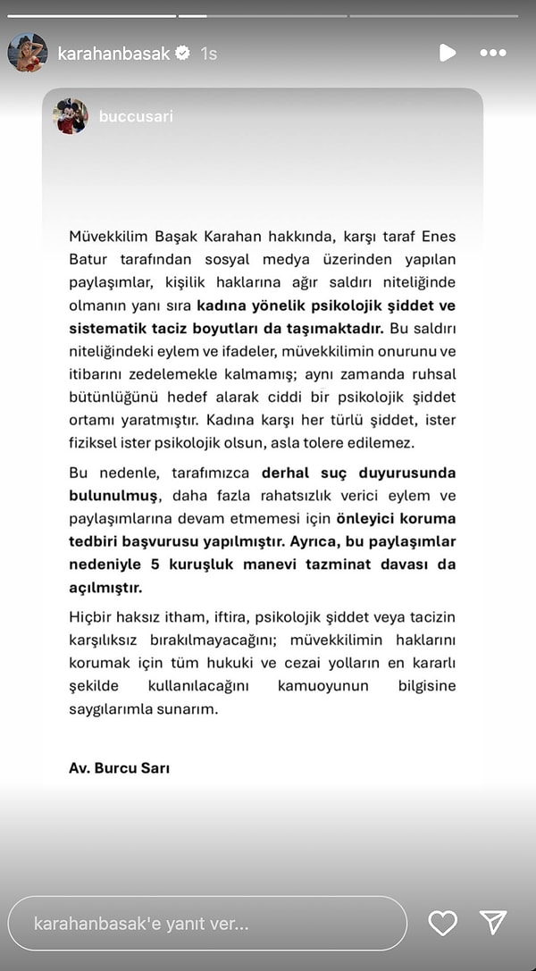 Başak Karahan, sosyal medya hesabından yaptığı açıklamada 5 kuruşluk tazminat davası açtığını duyurdu.