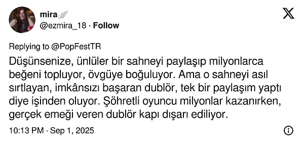 Ünlülerin işlerini paylaşması ile dublörün işini paylaşması arasında bir ayrım olması ve bu ayrımın “işten çıkarılma” olmasına dikkat çekildi. 👇