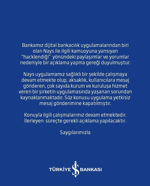 İş Bankası, resmi hesaplarından açıklama yaptı.