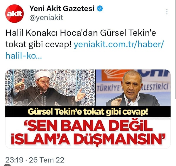 Yine Akit Gazetesinin 2022 yılında yaptığı bir Gürsel Tekin haberi: