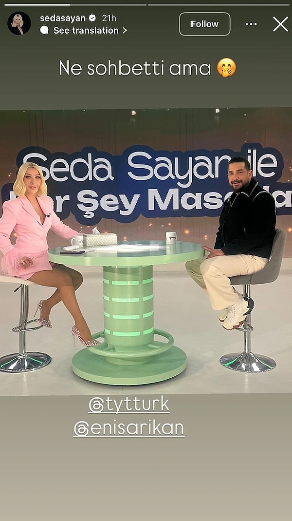 Şu sıralar, Seda Sayan ile Her Şey Masada isimli bir program yapan Seda Sayan, Enis Arıkan'ı konuk ettiği bölümün duyurusunu yaptı.