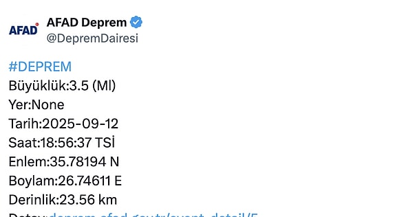 AFAD ilk paylaşımında yeri 'None' olarak yaptı. Ancak bu paylaşım kısa süre sonra silindi.
