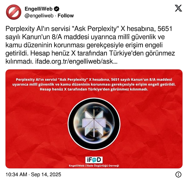 Erişim engelini EngelliWeb X'te paylaştığı haberle duyurdu.