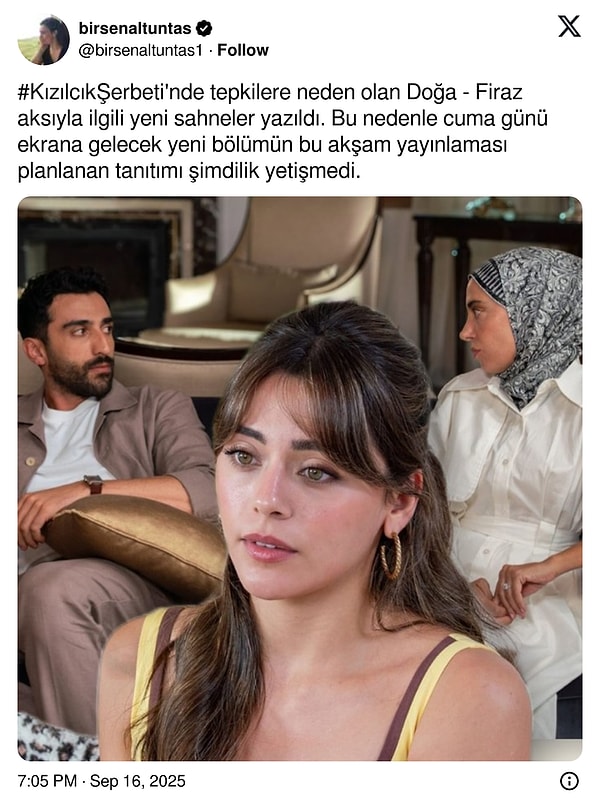 Birsen Altuntaş, X hesabından Kızılcık Şerbeti'nin senaryosunun yeniden yazıldığını açıkladı.