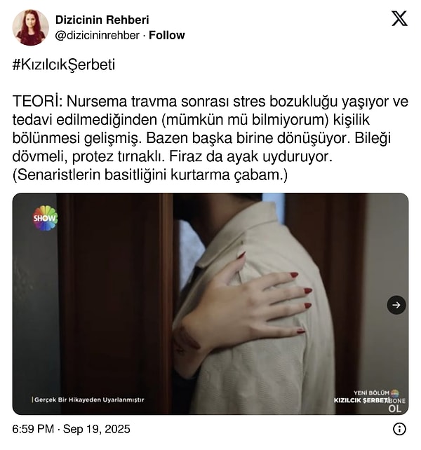 Dizicinin Rehberi adlı X kullanıcısı, Nursema'nın yaşadığı travmatik olaylar sonrasında kişilik bölünmesi yaşadığını ve Demet'in aslında Nursema olduğunu savundu.