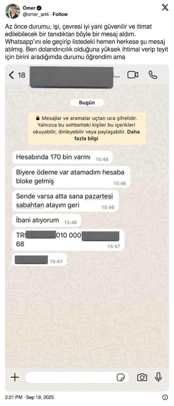 X'te ‘@omer_art4' isimli kullanıcı tanıdığı birisinin WhatsApp'ta borç istemesi üzerine şüphelendi.