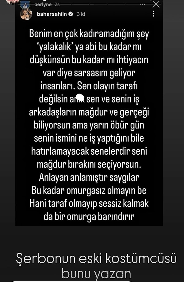 Oyuncu Bahar Şahin'in yeniden paylaştığı gönderide, Kızılcık Şerbeti'nin eski kostümcüsünün sert ifadeleri yer aldı.