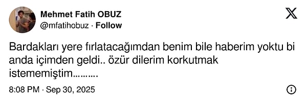 Sahnede bardakları fırlatan oyuncu Mehmet Fatih Obuz'dan açıklama gecikmedi.