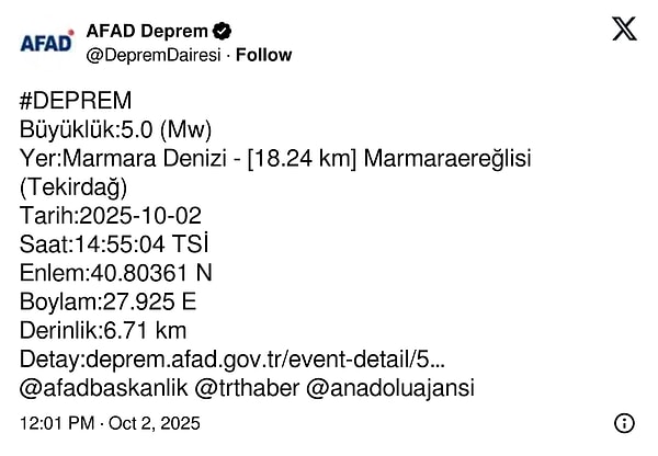 AFAD depremin büyüklüğünü 5 olarak açıkladı.
