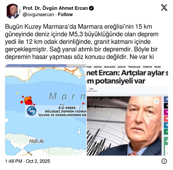 Ahmet Ercan, X hesabından gerçekleşen depremle ilgili açıklama yaptı: