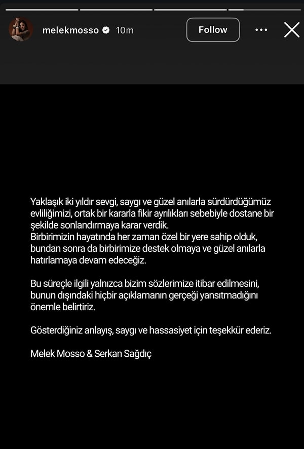 Melek Mosso boşanma haberlerini yaptığı paylaşımla doğrularken, ayrılık nedenini de açıkladı.
