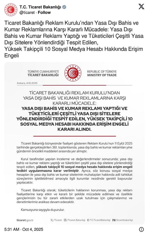 Yüksek takipçili 10 sosyal medya hesabı yasa dışı ve bahis reklamı yaptığı gerekçesiyle engellendi.
