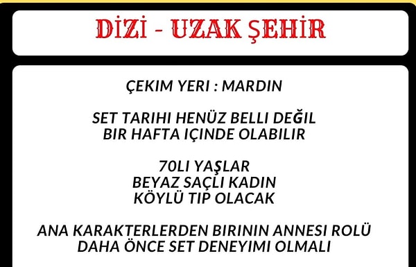 Uzak Şehir için yapılan yeni oyuncu ilanı sosyal medyada ifşalandı.