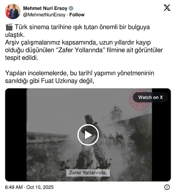 Cumhuriyet'in ilk yıllarında çekilen film bulundu. Osmanlı Türkçesiyle çekilen filme dair video paylaşıldı.