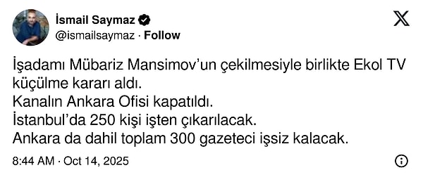 İsmail Saymaz'ın paylaşımı şu şekilde: