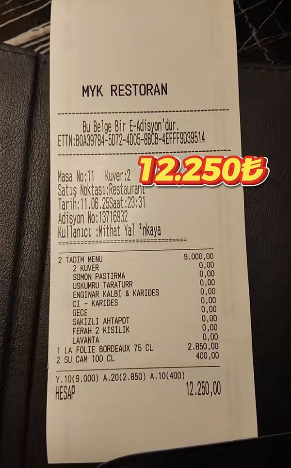We're also dropping the restaurant bill from MYK Restaurant, shared by a TikTok user with the handle @enes, right here: