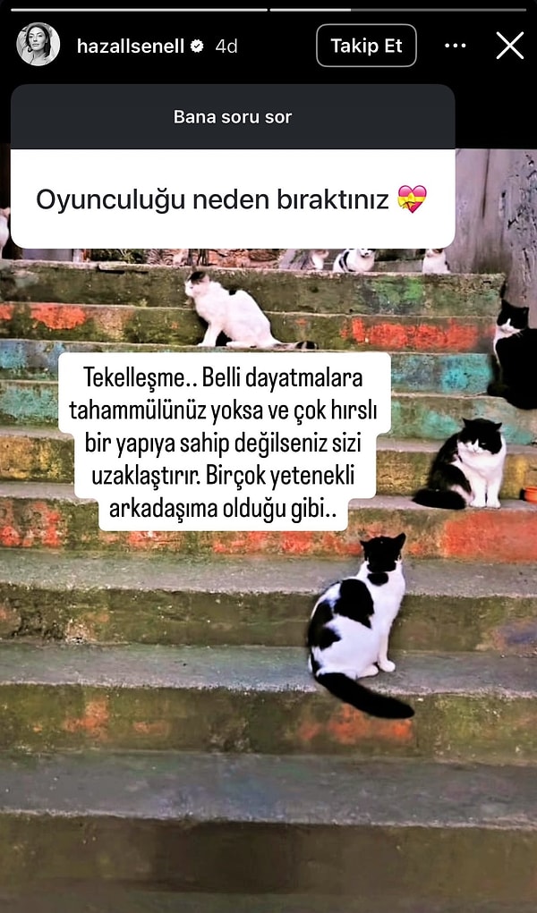 "Oyunculuğu neden bıraktınız?" sorusuna yanıt veren Hazal Şenel, buna sebep olarak "Tekelleşme" yanıtı verdi.