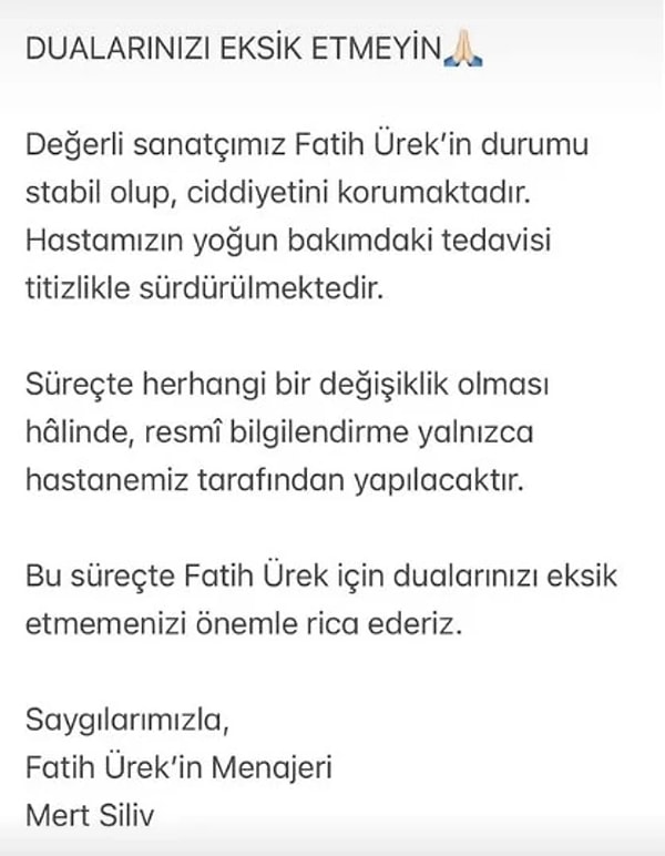 Geçtiğimiz saatlerde, hala uyutulan Fatih Ürek'in sağlık durumuna ilişkin önce tedavi gördüğü hastaneden açıklama yapıldı.