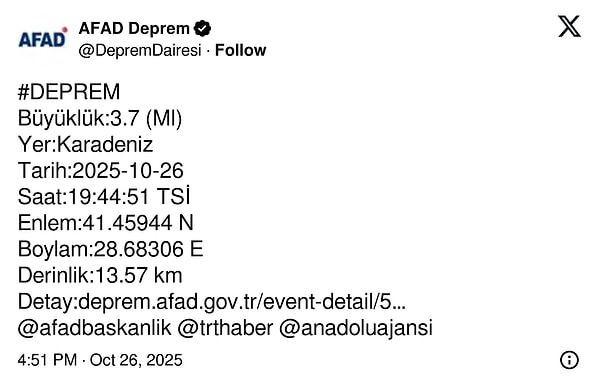 İstanbul'da hissedilen depremin büyüklüğü, AFAD tarafından 3.7 olarak açıklandı.