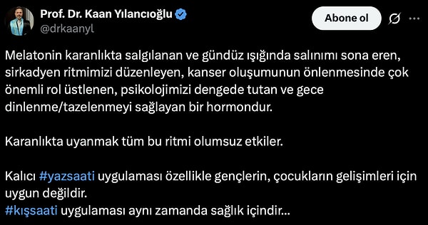 Prof. Dr. Kaan Yılancıoğlu da 'kalıcı yaz saati' uygulamasına bu şekilde değindi.