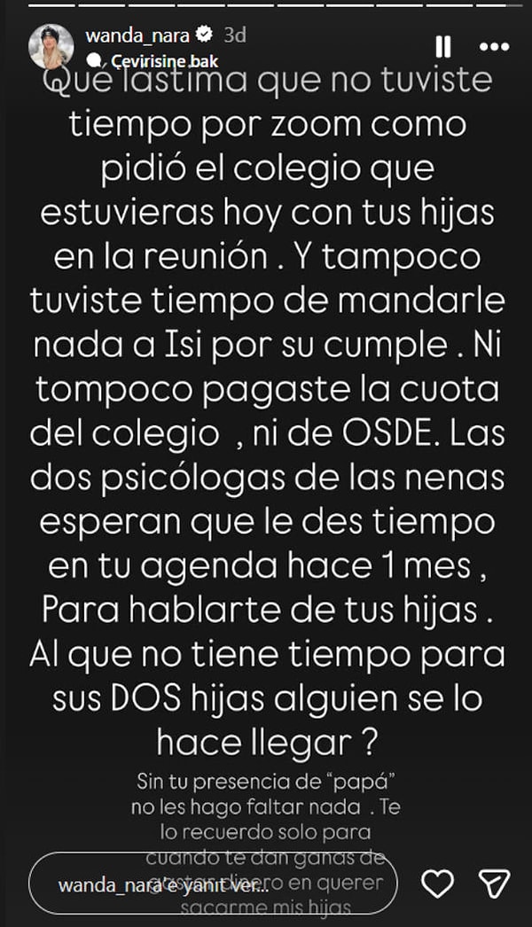 Paylaşımında Icardi'yi sorumsuz bir baba olarak suçladı:
