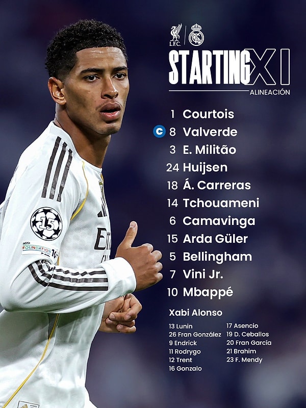 Arda Güler, Liverpool maçına ilk 11'de başladı.