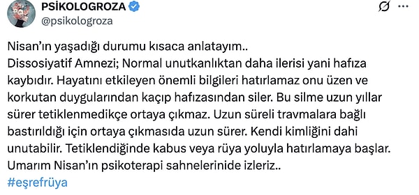 İşte Eşref Rüya seyircisi psikoloğun Nisan'ın yaşadığı psikolojik rahatsızlık hakkındaki görüşü:
