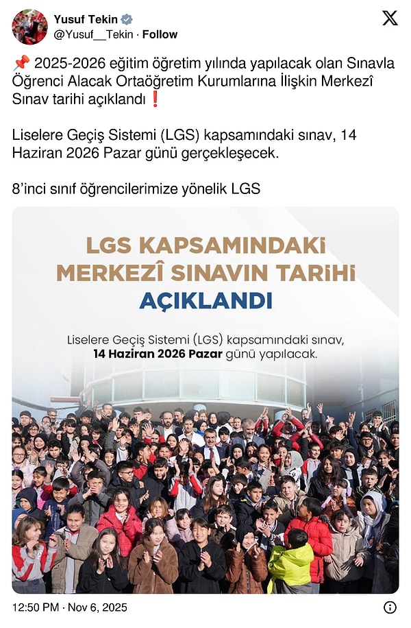 Bakan Tekin'in konuyla ilgili paylaşımı;