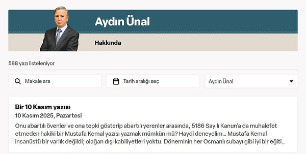 Yazısına Atatürk'ü kendi perspektifinden anlatarak başlayan Ünal, Atatürk'ü Koruma Kanunu'nu eleştirerek bitirdi.